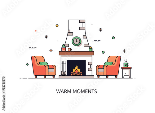 Cozy fireside gathering and holiday cheer centered on a warm fireplace with softly glowing flames and a pair of armchairs facing each other. A small mug on a