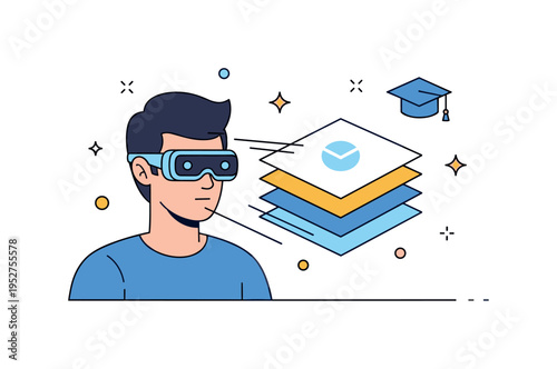 Future of learning technology portrayed through a person using augmented reality glasses as layered digital panels float in front of them, highlighting blended