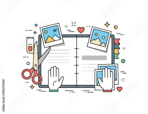 Scrapbooking and photo decoration concept illustrated with scissors, adhesive tape and printed photos arranged around an album page, expressing hands on