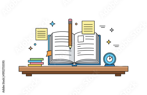 A neatly open book on a wooden desk with a pencil and sticky notes, highlighting study, organization, and productive reading habits. Minimalist flat vector