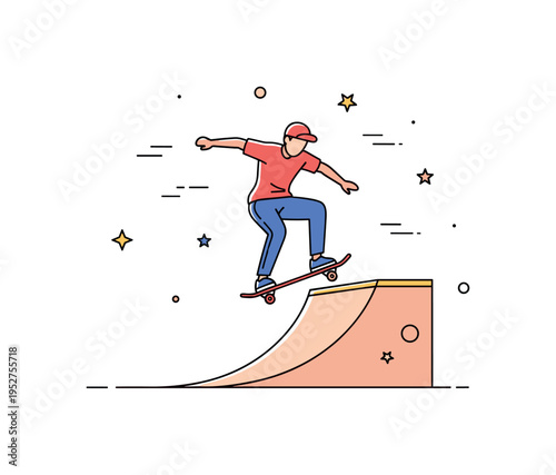 Skateboarding showing a person performing a trick on a ramp with small motion lines and stars around, capturing energy, skill, and urban street culture.