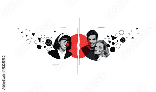 black and white shared photograph tearing down the middle with two friends visible in retro style, bold red circle intersecting the tear, abstract geometric