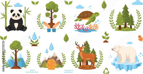 Environmental Conservation Concept with Wildlife Animals Trees Water and Earth Elements Representing Ecosystem Protection and Nature Sustainability Vector Illustration.
