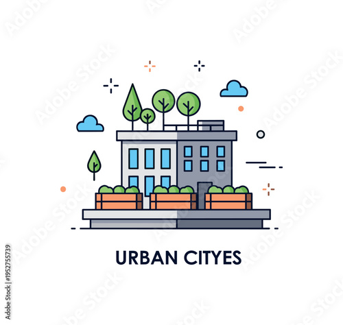 Urban rooftop garden scene featuring a small city building with raised planter boxes and minimal tree silhouettes on the roof, symbolizing community gardening