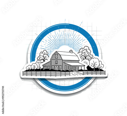 Monochrome farmhouse surrounded by simplified trees and fence elements, layered with blue circular frame and fine grid lines suggesting land planning, radiant