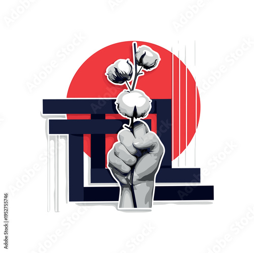 Black and white cotton plant held tightly in a fist, oversized crimson sun-like circle behind, dark indigo geometric bars stacked like oppression structures,