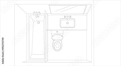Vector line drawing of a bathroom interior with shower, sink and toilet