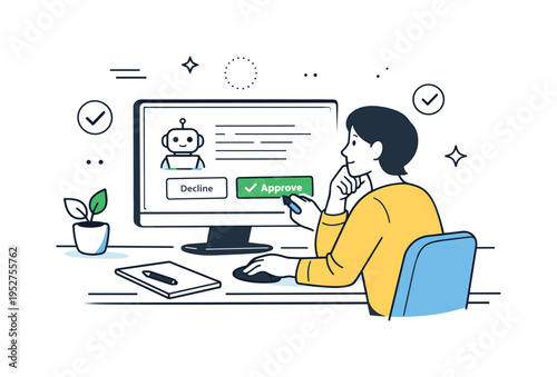 Human in the loop approval. Person reviewing an AI-generated suggestion on a screen and clicking approve, calm and thoughtful decision moment. Scene shows