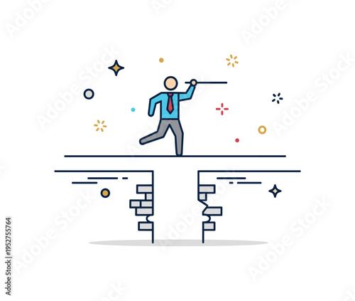 Balance and risk concept single figure poised on a taut line stretched across a simple gap, expressing determination and calculated risk taking. Minimalist