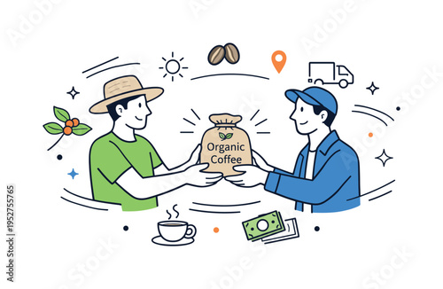 Organic Coffee Supply Journey. Coffee farmer handing a small sack of beans labeled ?Organic Coffee? to a buyer or transporter, calm exchange representing