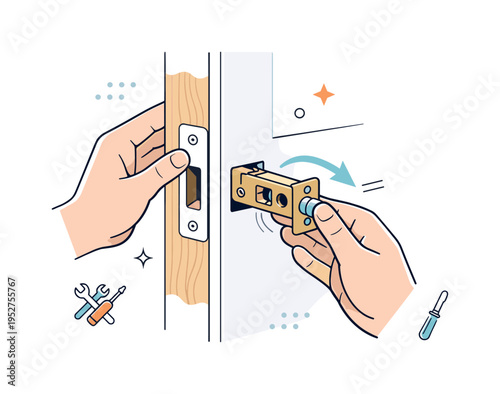 Replacing door latch mechanism. Cutaway style editorial scene showing the door edge with a new latch sliding smoothly into place. Careful installation process,