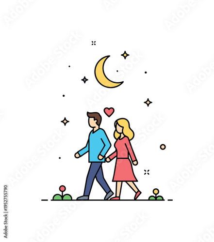Evening walk date pair strolling side by side under a simple crescent moon with tiny star accents, expressing calm companionship and gentle romance. Minimalist