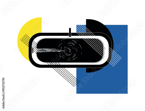 Black and white bathtub silhouette viewed from above, abstract semicircles and thin diagonal lines suggesting water flow, bright yellow and deep blue flat