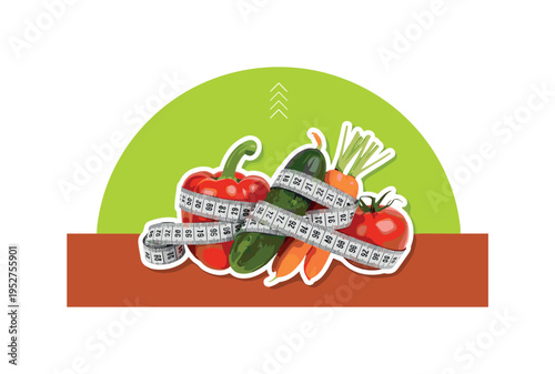Black and white measuring tape wrapped around fresh vegetables, oversized bright lime semicircle framing upper background, warm rust rectangular