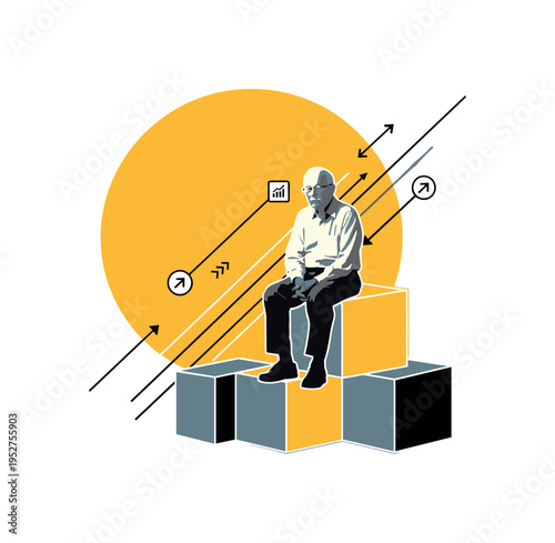 Black and white elderly man sitting calmly on a geometric cube, oversized yellow circle behind as a symbolic sun of experience, abstract diagonal lines and