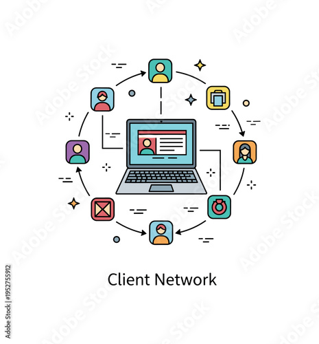 Freelance work independent contractor concept featuring a laptop connected to small floating client icons arranged in a circular flow, symbolizing multiple