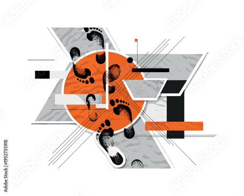 black and white footprints intersecting randomly across sand surface, intersected by large orange circle and fine black diagonal lines representing choices and
