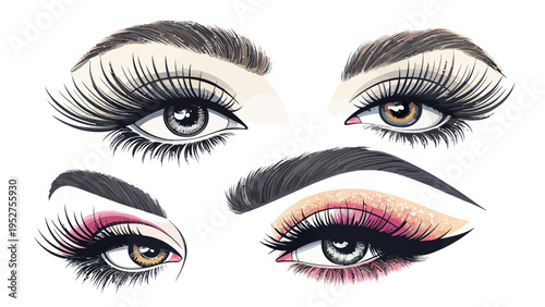 Vector set of four glamorous eye makeup designs with bold and soft lashes eye shadow and eyeliner on white background