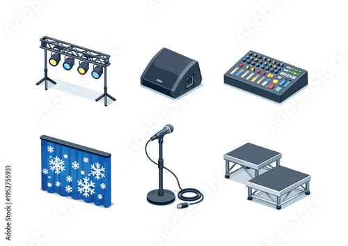 Holiday Stage Setup. Isometric flat vector icons set of Holiday Stage Setup: concert lighting rig with spotlights, stage speaker monitor, sound mixing console,