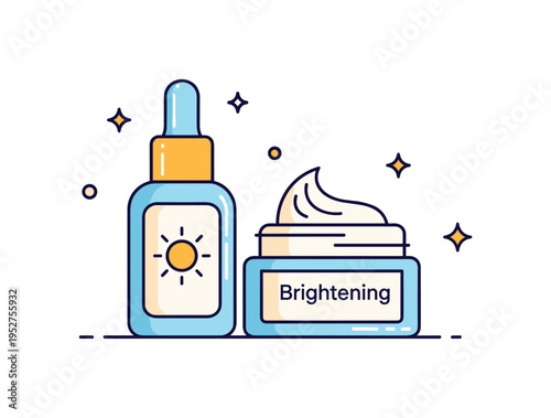 Brightening skincare product bundle visualized by serum bottle with subtle sun icon and complementary cream jar, expressing radiance and glow enhancement. Soft