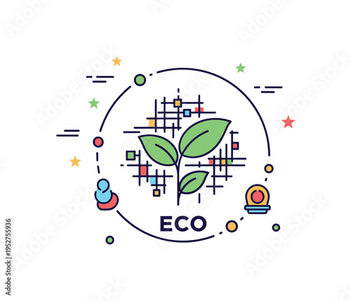 Eco branding concept built around a circular badge combining a plant sprout and abstract grid lines, symbolizing the fusion of digital design and environmental