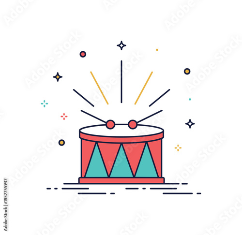 Circus grand finale music illustrated by a central drum with radiating line accents and tiny star shapes, expressing climax and triumphant sound. The compact