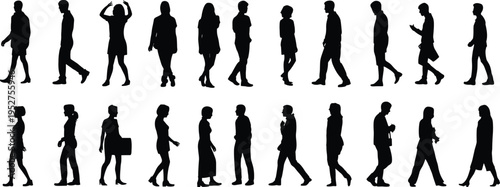 Large Collection of Black Vector Silhouettes Featuring Diverse Men and Women Walking Standing and Commuting Isolated on a White Background for Urban Lifestyle Design