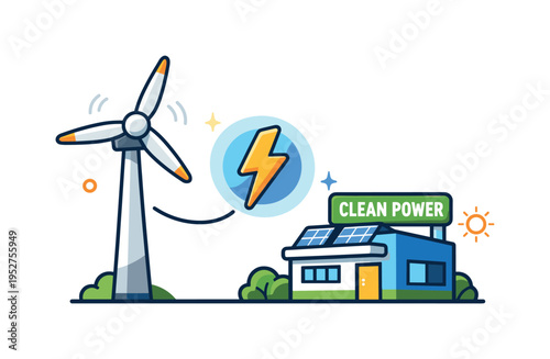 Wind energy technology represented by a single modern turbine generating a soft energy symbol that powers a small nearby building marked Clean Power. The