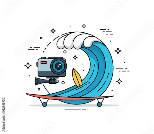 Action cameras surfing lifestyle illustration with a compact camera mounted near a stylized wave curve forming a dynamic circular badge. The scene highlights