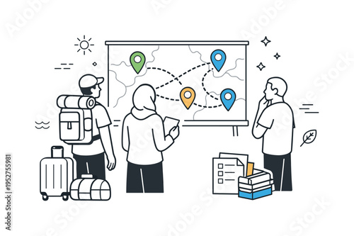 Climate displacement. People standing beside suitcases and document folders while looking at a map marked with safe locations. Calm but serious scene of