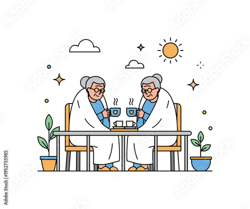 Retirement relaxation scene featuring an old couple wrapped in light blankets sharing tea on a small balcony, conveying serenity and gratitude for simple