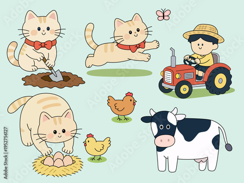 Cute Farm Animal Set Kawaii Farming Illustration with Tractor Boy and Cats