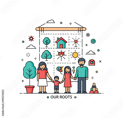 Family tapestry creation scene centered on a large textile panel decorated with symbolic icons like a tree, house and sun. Subtle stitch lines and a ?Our