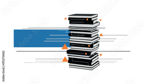 Black and white stack of notebooks arranged vertically like architectural blocks, large flat blue block anchoring one side, thin horizontal lines repeating