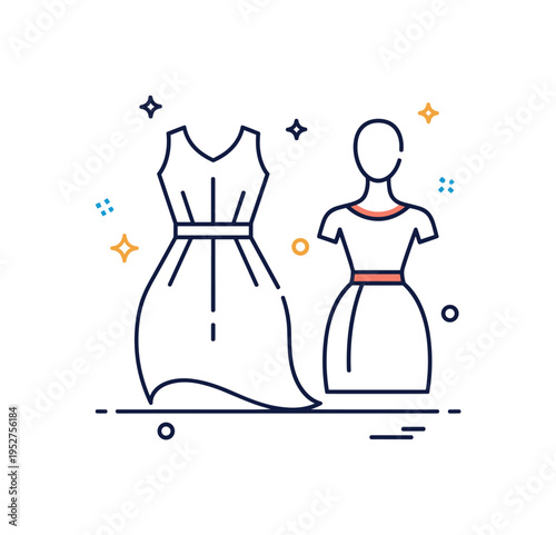 Fashion sketching process theme represented by a clean croquis figure beside a flowing garment outline and tiny sparkle accents. The scene communicates