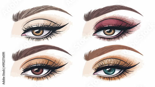 Four different glamour eye makeup styles with smoky and natural eyeshadows and eyeliner