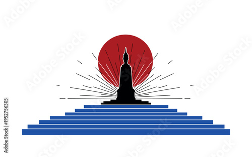 Black and white central monument or statue simplified into bold silhouette, vibrant deep red circle rising directly behind it like symbolic sun, cobalt blue