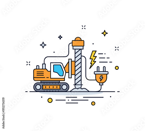 Electrification of mining equipment showing a drilling machine icon paired with a plug symbol and clean energy accent lines, expressing the shift from diesel