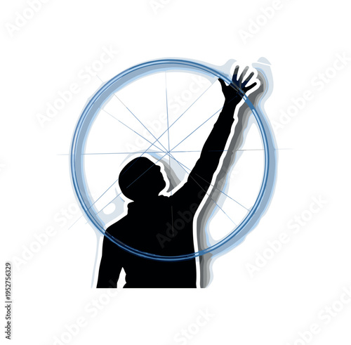 Monochrome shadow figure reaching upward, layered with blue circular frame and fine diagonal lines symbolizing tension and restriction, radiant flash of light