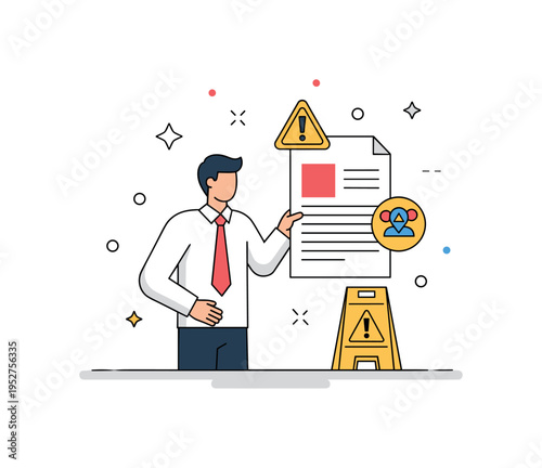 Businessperson holding a document with caution symbols and small abstract stars, highlighting legal liability, responsibility, and careful decision-making.