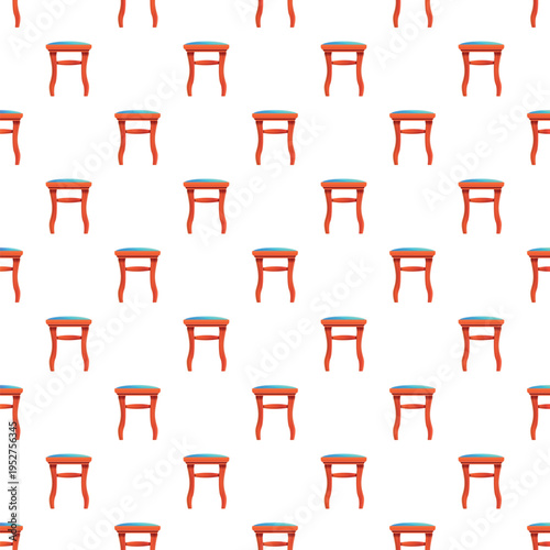 Repeating pattern showing cartoon style wooden stools with upholstered blue seats