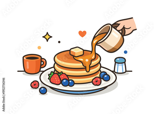 Homemade pancake breakfast a cozy kitchen moment where a small stack of fluffy pancakes sits on a plate while maple syrup gently pours from a jug and fresh
