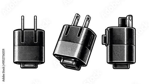 Laptop charger wall plug A removable laptop charger wall plug with prongs, modular shape, and locking geometry shown straight-on, angled, and side profile