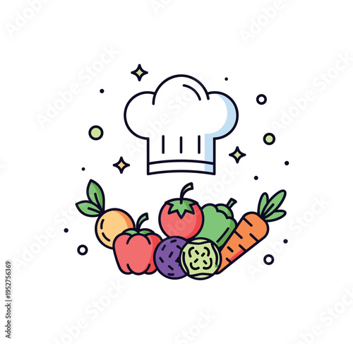 Organic cooking inspiration chef hat above fresh produce cluster with gentle sparkle accents, representing creativity, sustainability, and flavorful seasonal