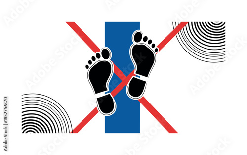 Black and white double set of footprints intersecting at angle, bold deep blue vertical rectangle anchoring background, thin red diagonal stripe emphasizing