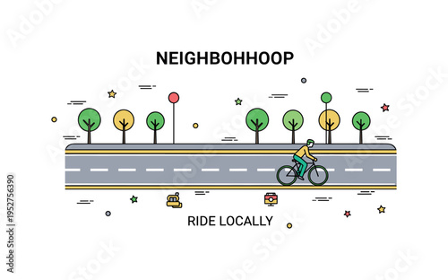 Neighborhood bike lane illustration featuring a street lined with small trees and lane markings with a cyclist passing by, symbolizing local active