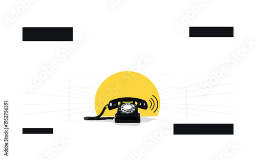 monochrome minimal desk scene with ringing phone centered in vast negative space, oversized yellow circular halo and black abstract bars framing composition,