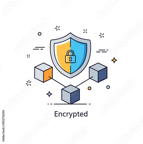 Blockchain security protection illustrated with a shield icon layered over connected blocks. Subtle lock detail and ?Encrypted? caption communicate data