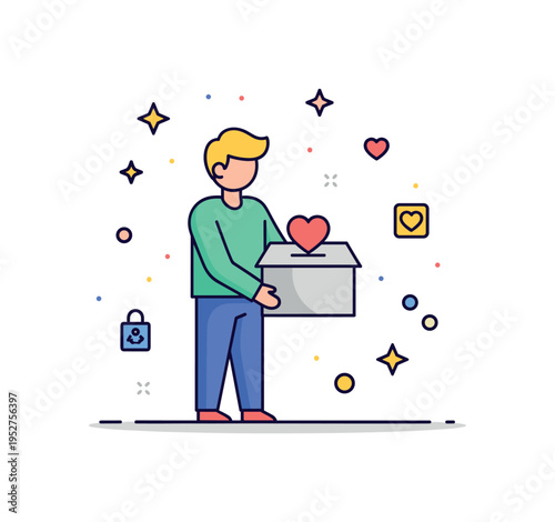 Volunteering and giving back neighborhood help theme shown as a figure holding a donation box with a heart icon, symbolizing grassroots action and civic