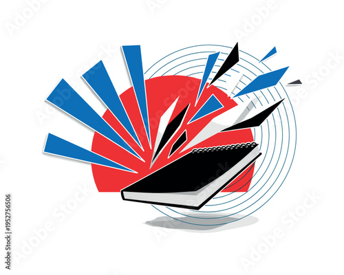 Black and white floating sketchbook pages turning into abstract geometric shapes mid-air, bold red semicircle behind, cobalt blue angular shards radiating